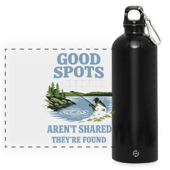 Geheimes Angelplatz – Frag Nicht Nach - Panorama Trinkflasche mit Karabiner 750 ml - Schwarz - Vorne