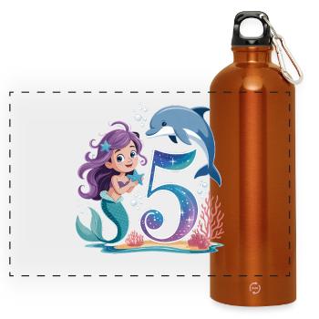 Mermaid 5th Birthday 5 Years - Panoramic Drinks Bottle with Carabiner 750 ml - burnt orange - Front