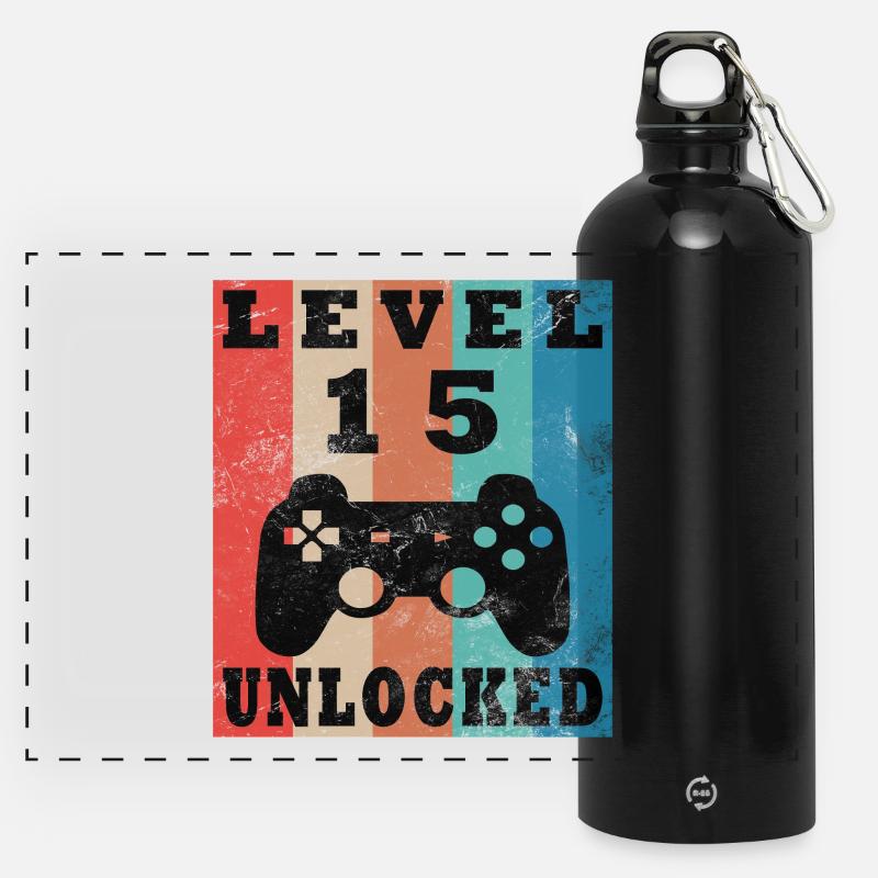 Level 15 Unlocked Retro Controller - Panoramic Drinks Bottle with Carabiner 750 ml - black