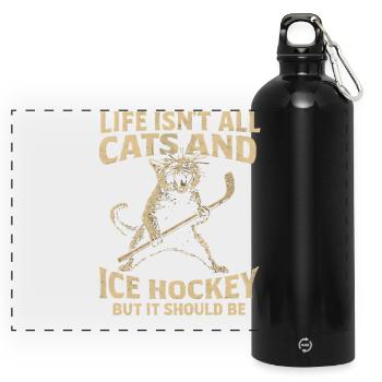 Hockey Katze Humor Eishockey Fan Geschenkidee - Panorama Trinkflasche mit Karabiner 750 ml - Schwarz - Vorne