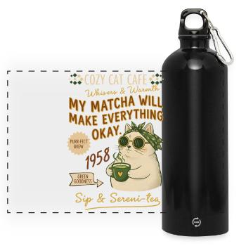 Cozy Cat Cafe My Matcha Will Make Everything Okay - Panorama Trinkflasche mit Karabiner 750 ml - Schwarz - Vorne