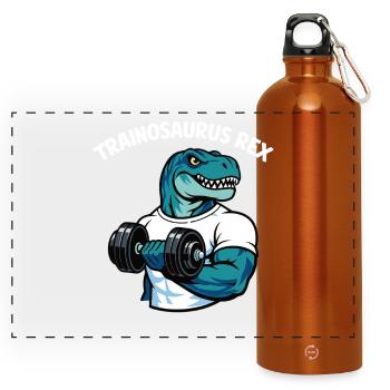 Trainosaurus Rex Funny Gym Dinosaur Shirt - Panorama Trinkflasche mit Karabiner 750 ml - Orange - Vorne