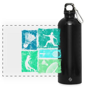 Badminton moves in retro look with badminton - Panoramic Drinks Bottle with Carabiner 750 ml - black - Front