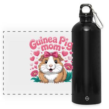 Meerschweinchen Mama Herzhaftes Niedliches Motiv - Panorama Trinkflasche mit Karabiner 750 ml - Schwarz - Vorne