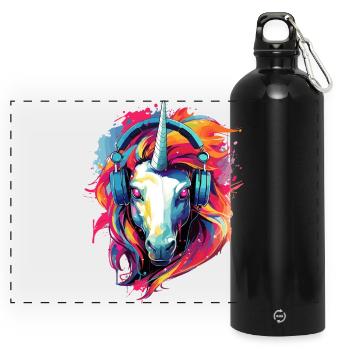 Unicorn with Headphones Music Mythical Beast Unicorns - Panoramic Drinks Bottle with Carabiner 750 ml - black - Front