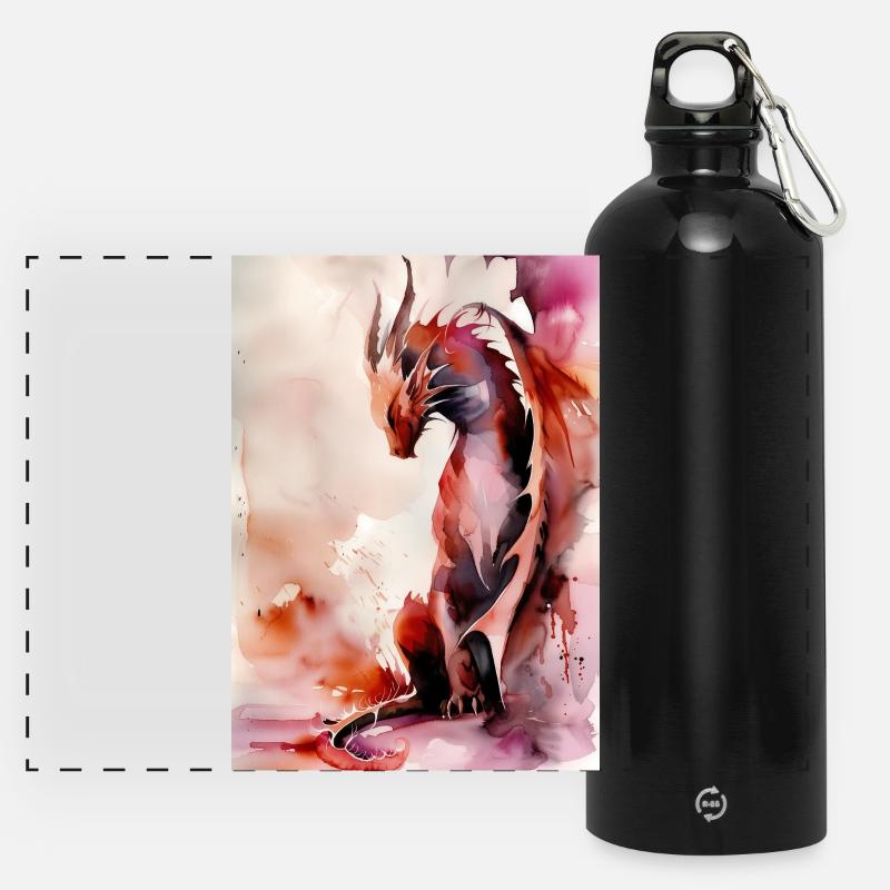 Red Watercolor Dragon - Panoramic Drinks Bottle with Carabiner 750 ml - black