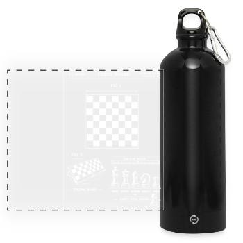 Schachbrett-Blaupausenpatent - Panorama Trinkflasche mit Karabiner 750 ml - Schwarz - Vorne