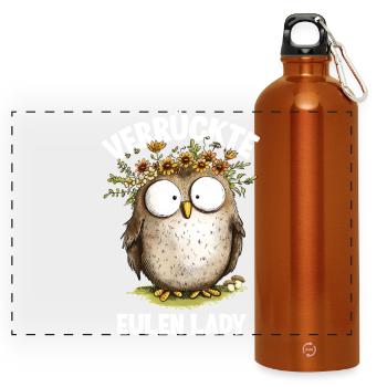 Eule mit Spruch Verrückte Eulen Lady - Panorama Trinkflasche mit Karabiner 750 ml - Orange - Vorne