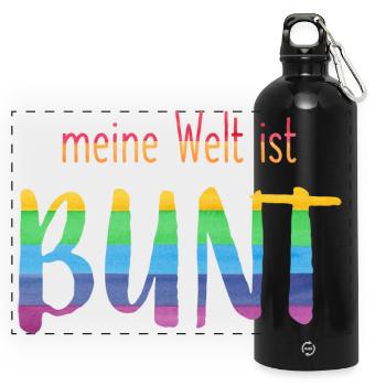 Meine Welt ist bunt - Regenbogen -fröhlich - Panorama Trinkflasche mit Karabiner 750 ml - Schwarz - Vorne