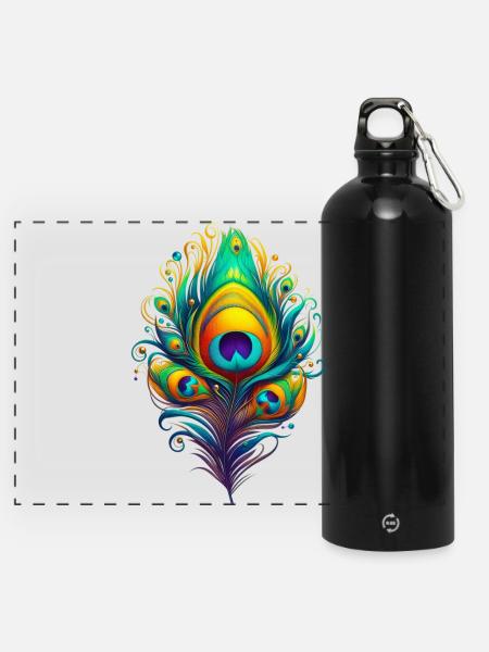 Pfauenfedern Federn Kugelschreiber - Panorama Trinkflasche mit Karabiner 750 ml - Schwarz