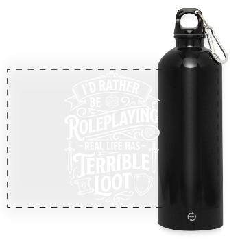 Ich spiele lieber Rollenspiel – Loot ist besser - Panorama Trinkflasche mit Karabiner 750 ml - Schwarz - Vorne