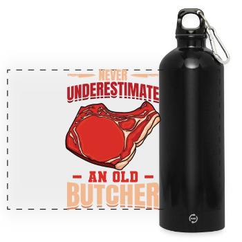 Never underestimate an old butcher - Panoramic Drinks Bottle with Carabiner 750 ml - black - Front