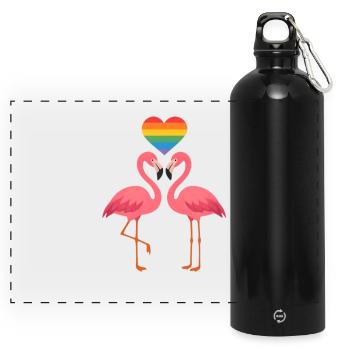 Flamingo Love – Pride Herz Edition - Panorama Trinkflasche mit Karabiner 750 ml - Schwarz - Vorne