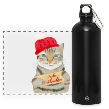 Süße Katze wünscht Frohe Weihnachten - Panorama Trinkflasche mit Karabiner 750 ml - Schwarz - Vorne