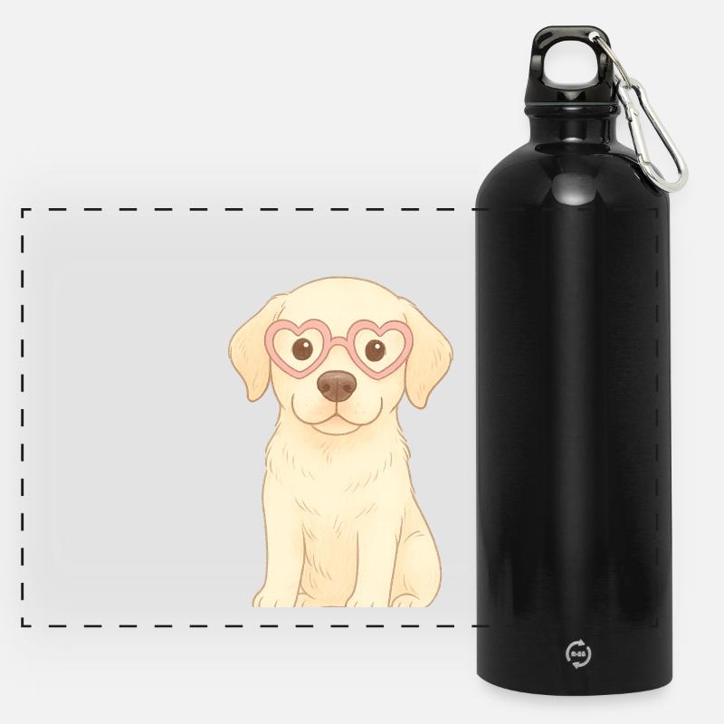 Playful dog with heart glasses - Panoramic Drinks Bottle with Carabiner 750 ml - black