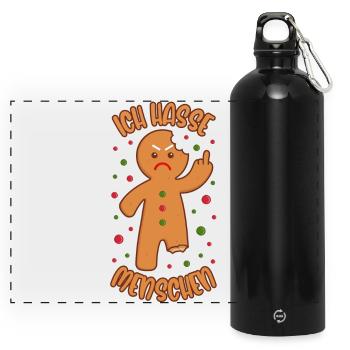 Lebkuchenmann Ich hasse Menschen Lustige Sprüche - Panorama Trinkflasche mit Karabiner 750 ml - Schwarz - Vorne