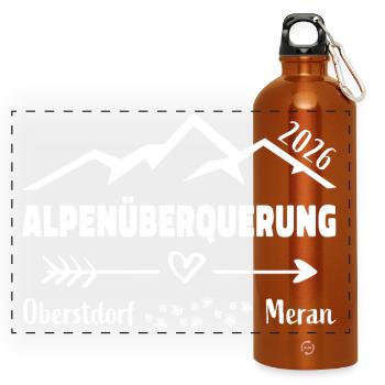Alpenüberquerung 2026 E5 Oberstdorf Meran - Panorama Trinkflasche mit Karabiner 750 ml - Orange - Vorne