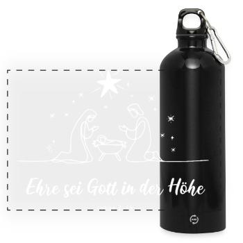 Ehre sei Gott Weihnacht an der Krippe Jesus - Panorama Trinkflasche mit Karabiner 750 ml - Schwarz - Vorne