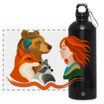 Mädchen mit roten Haaren und Waldtieren - Panorama Trinkflasche mit Karabiner 750 ml - Schwarz - Vorne