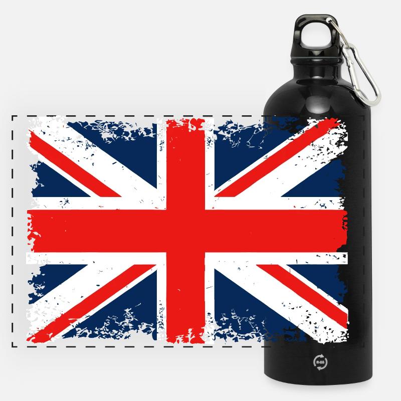 Distressed Union Jack Flag - Panoramic Drinks Bottle with Carabiner 750 ml - black