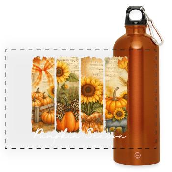 Pumpkin Autumn Sunflowers Collage - Panoramic Drinks Bottle with Carabiner 750 ml - burnt orange - Front