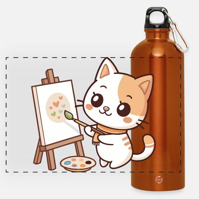 Kawaii Painter Cat on Pastel Palette - Panoramic Drinks Bottle with Carabiner 750 ml - burnt orange