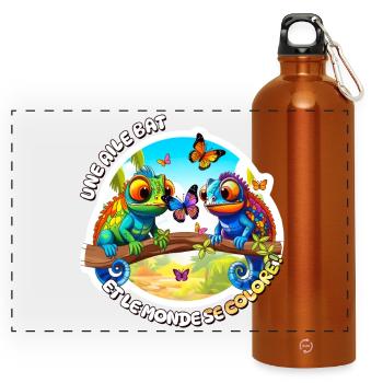 Bunte Cartoon Chamäleons mit Schmetterlingen - Panorama Trinkflasche mit Karabiner 750 ml - Orange - Vorne