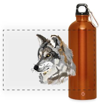 Wolfskopf Aquarellportrait - Panorama Trinkflasche mit Karabiner 750 ml - Orange - Vorne