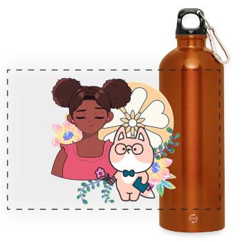 Kawaii Girl, Chien Cyborg et Fleurs - Gourde panoramique avec mousqueton 750 ml - orange - Devant