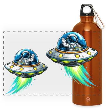 UFOs Astronauten Weltraumabenteuer - Panorama Trinkflasche mit Karabiner 750 ml - Orange - Vorne