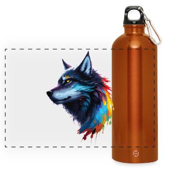 Regenbogen-Aquarell Wolf Spritzt - Panorama Trinkflasche mit Karabiner 750 ml - Orange - Vorne