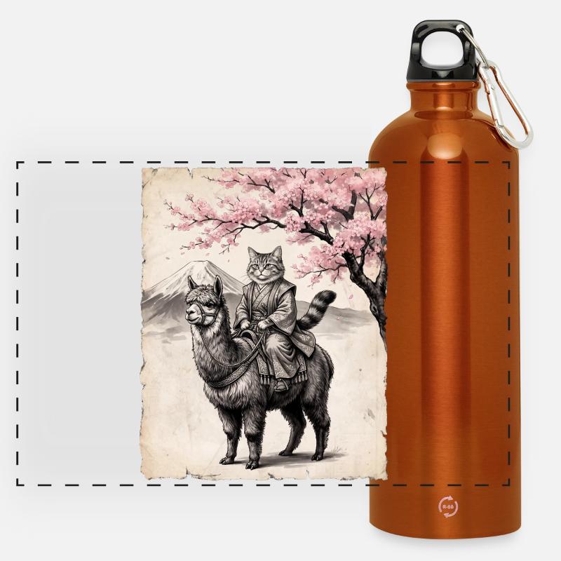 Cat rides llama - Panoramic Drinks Bottle with Carabiner 750 ml - burnt orange