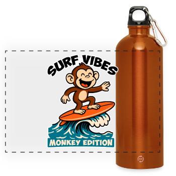 Surf Vibes, Monkey Edition. Glücklicher Surfaffe - Panorama Trinkflasche mit Karabiner 750 ml - Orange - Vorne