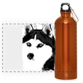 Black and white Husky portrait on textile - Panoramic Drinks Bottle with Carabiner 750 ml - burnt orange - Front