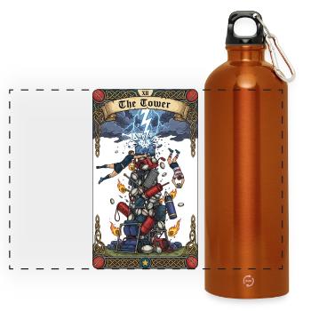 Rugby "Der Turm" Tarotkarte Grafik - Panorama Trinkflasche mit Karabiner 750 ml - Orange - Vorne