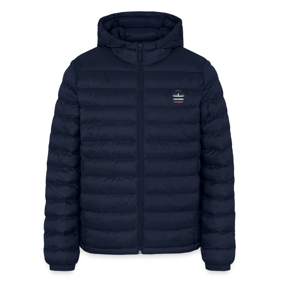 Lucerne badge on a lightweight men’s padded jacket by stanley/stella, navy