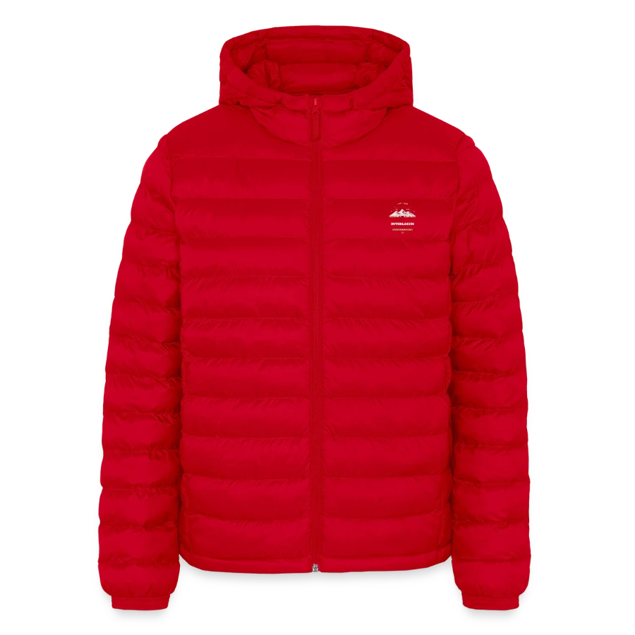 Interlaken badge on a lightweight men’s padded jacket by stanley/stella, red