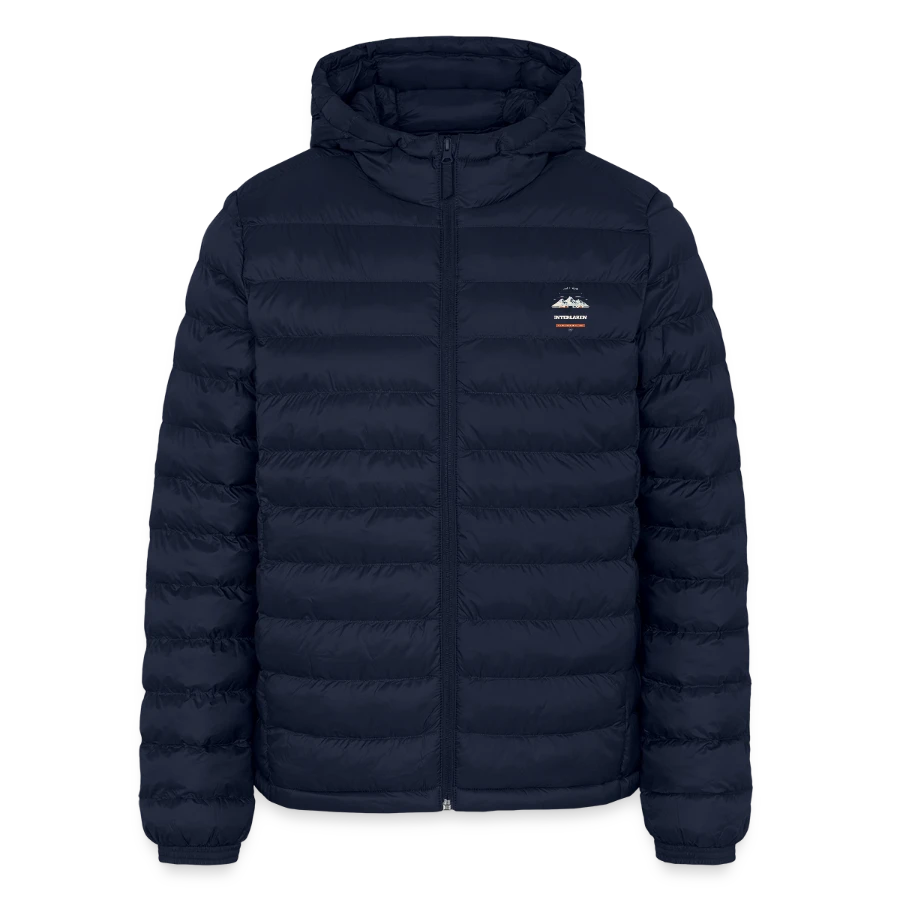 Interlaken badge on a lightweight men’s padded jacket by stanley/stella, navy