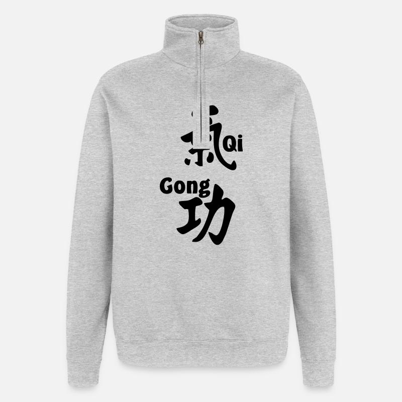 QI gong script avec texte vertical - Sweat à zip 1/4 - gris chiné