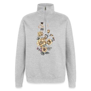 Motif floral « Wild.Soft.Free » - Sweat à zip 1/4 - gris chiné - Devant - AI Model Female 172 light (172cm) & AI Model Male 178 dark (178cm)