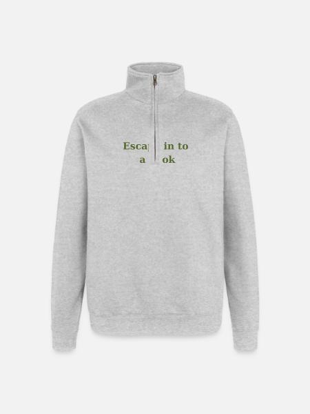 Évadez-vous dans un livre - Vert olive - Sweat à zip 1/4 - gris chiné