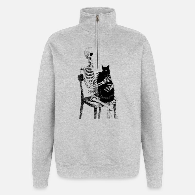 Skelett mit Katze auf Schoß - Quarter-Zip-Sweatshirt - Grau meliert