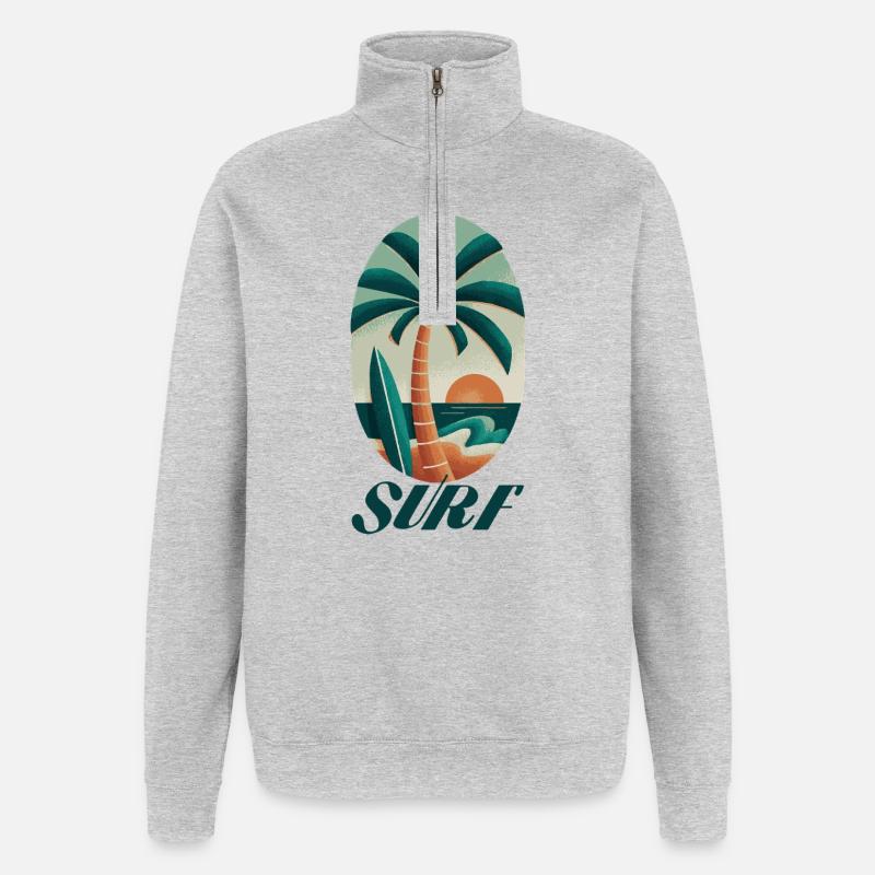 Palmier de surf et plage - Sweat à zip 1/4 - gris chiné