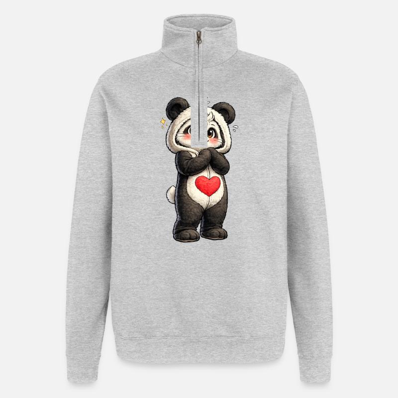 Schüchterner Panda mit rotem Herz - Quarter-Zip-Sweatshirt - Grau meliert