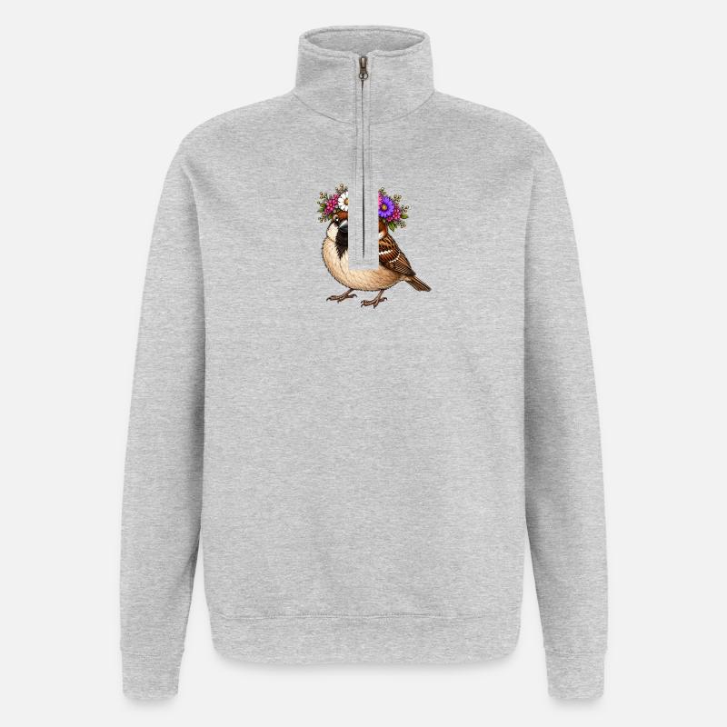 Vogel mit Blumenschmuck  - Quarter-Zip-Sweatshirt - Grau meliert