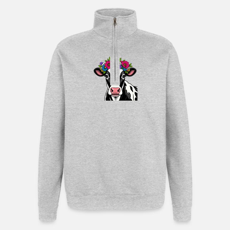 Kuh mit Blumenschmuck - Quarter-Zip-Sweatshirt - Grau meliert