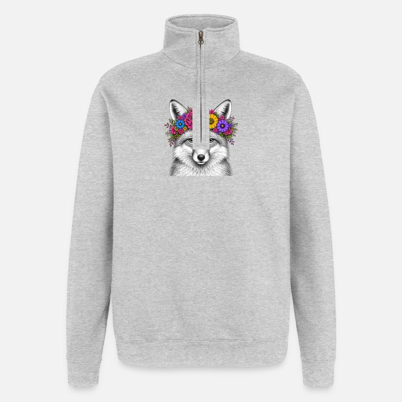Fuchskopf mit Blumenkranz - Quarter-Zip-Sweatshirt - Grau meliert