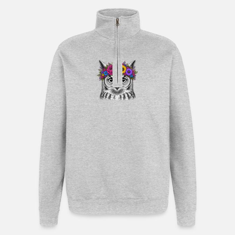 Eulenkopf mit Blumenkrone - Quarter-Zip-Sweatshirt - Grau meliert