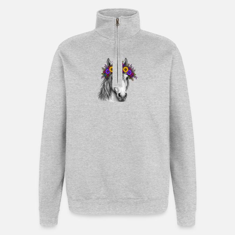Cheval avec une couronne de fleurs - Sweat à zip 1/4 - gris chiné
