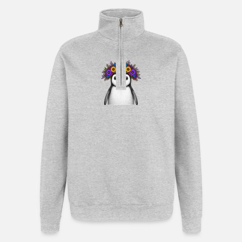 Pinguin mit Blumenkrone - Quarter-Zip-Sweatshirt - Grau meliert